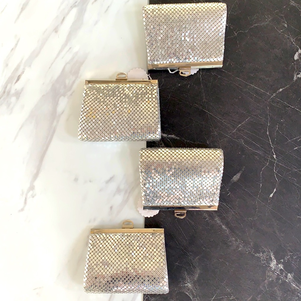 Set of 4 silver mini mesh clutch with strap